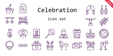 celebration icon set. line icon style. celebration related icons such as gift, groom, balloon, wedding gift, ring, cocktails, buffalo, necklace, lollipop, branch, ball, skeleton