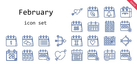 february icon set. line icon style. february related icons such as calendar, cupid,