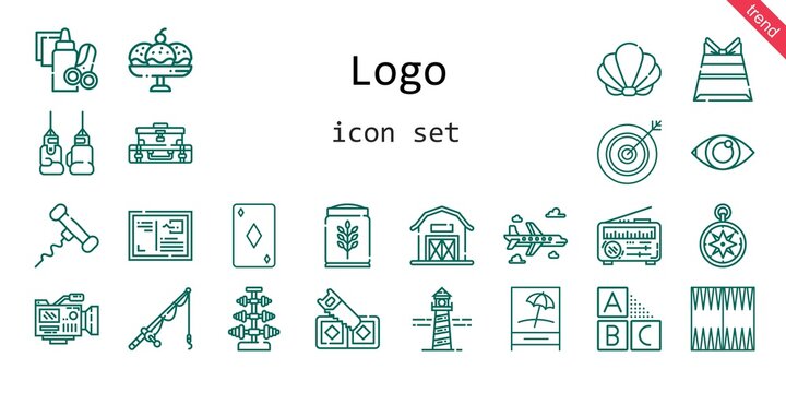 logo icon set. line icon style. logo related icons such as news, suitcase, fishing rod, lighthouse, seashell, backgammon, dumbbell, saw, handcraft, video camera, ace of diamonds