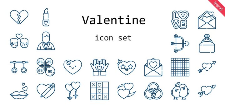 valentine icon set. line icon style. valentine related icons such as love, couple, groom, engagement ring, broken heart, lipstick, kiss, petals, heart, cupid, rings, love birds, tic tac toe, love 