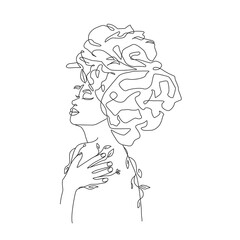 Woman Head with Flowers Line Vector Drawing. Style Template with Female Face with Flowers. Modern Minimalist Simple Linear Style. Beauty Fashion Design