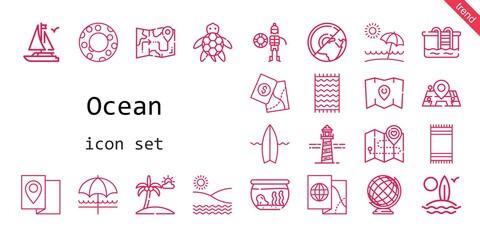 ocean icon set. line icon style. ocean related icons such as maps, lighthouse, beach towel, turtle, surfboard, earth globe, pool, sun umbrella, float, boat, fishbowl, beach, earth, lifeguard, map,
