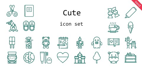 cute icon set. line icon style. cute related icons such as cotton candy, castle, candy, toothbrush, marshmallow, sandals, draw, vegetable, heart, cookies, scissors, hippopotamus, diary, tea, i