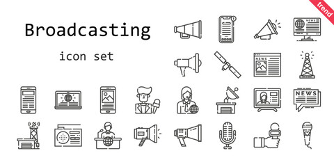 broadcasting icon set. line icon style. broadcasting related icons such as antenna, news, megaphone, loudspeaker, news reporter, speaker, news report, satellite dish, satellite, microphone, radio,