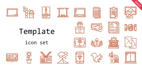 template icon set. line icon style. template related icons such as calendar, blackboard, canvas, package, ticket, terracotta, photo, snowing, team, windows, carousel, laptop, , flower, id card