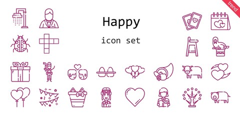 happy icon set. line icon style. happy related icons such as gift, shower, eggs, groom, couple, pilot, cards, balloons, tree, ox, reading, ladybug, garlands, hopscotch, heart, pig, plumber, walrus