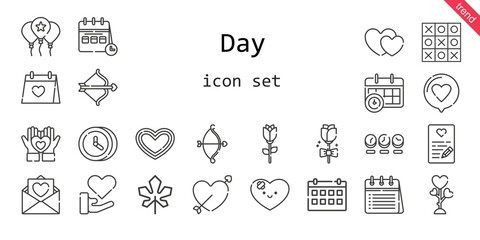 day icon set. line icon style. day related icons such as love, cupid, calendar, balloon, tic tac toe, hearts, wedding day, love letter, rose, clock, heart, maple leaf,