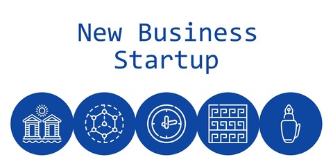 new business startup background concept with new business startup icons. Icons related modeling, fountain pen, pattern, clock, cabins