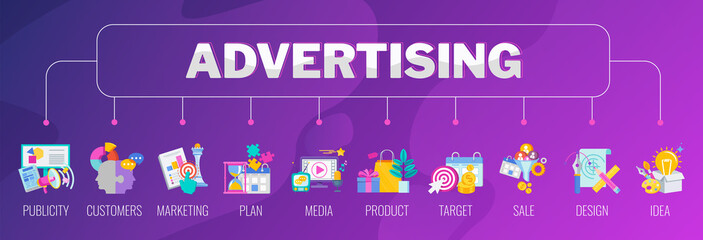 Advertising banner with set of icons. Creative Advertising strategy.