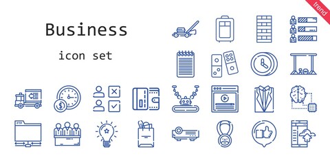 business icon set. line icon style. business related icons such as chimney, smartphone, ftp, wallet, like, idea, notepad, lawnmower, wall clock, video, clock, delivery truck, artificial intelligence
