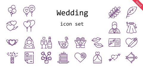 wedding icon set. line icon style. wedding related icons such as cake slice, bride, dress, wedding dress, confetti, balloon, groom, balloons, swan, 