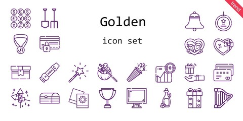 golden icon set. line icon style. golden related icons such as gift, confetti, coins, harp, display, shovel, best seller, fireworks, bell, pictures, 