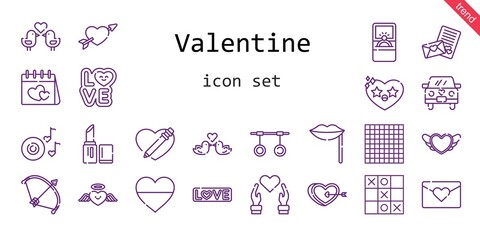 valentine icon set. line icon style. valentine related icons such as love, engagement ring, bow, lipstick, heart, wedding car, cupid, lips, romantic music, rings, love birds, tic tac toe,