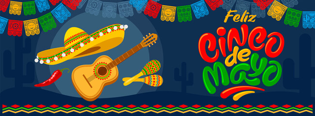Cinco de Mayo banner template for mexico independence celebration with traditional papercut flags and other symbols of holiday. Lettering calligraphy inscription Cinco de Mayo. Vector illustration. 