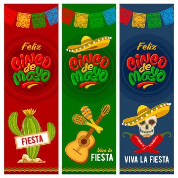 Cinco de Mayo banners set for mexico independence celebration with traditional papercut flags and other symbols of holiday. Lettering calligraphy inscription Cinco de Mayo. Vector illustration. 