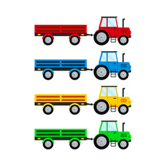 Farm tractor and open trailer set isolated on white background. Red, blue, yellow, green farmer simple truck with black wheel. Flat design cartoon agricultural car for field work vector illustration