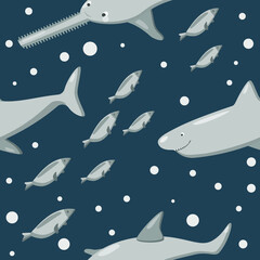 Seamless pattern with marine fish: sawfish, shark, herring. 