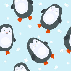 Cute seamless pattern with penguins and snowflakes. 