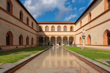 Fototapeta na wymiar Amazing inner courtyard of the Sforzesco castle,sunny day and clouds, Milan,Italy
