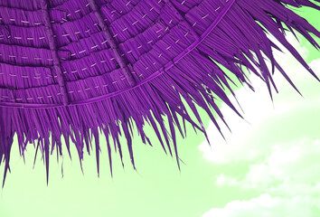 Surreal Style Pop Art Vivid Purple Thatched Beach Parasol on Mint Green Sky Background