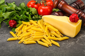 Raw penne rigate for cooking