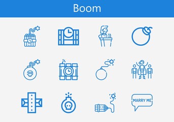 Premium set of boom line icons. Simple boom icon pack. Stroke vector illustration on a white background. Modern outline style icons collection of Superhero, Speech bubble, Dynamite, Dinamite