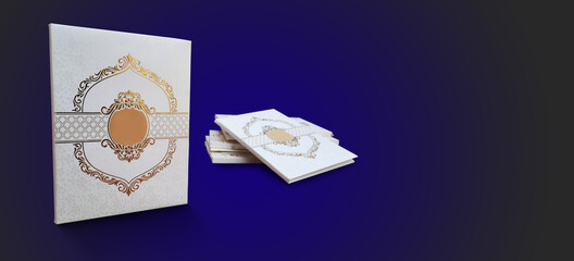 Indian wedding invitation cards mockup with shining reflective golden embroidery on white textured card isolated