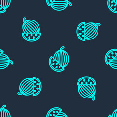 Green line Watermelon icon isolated seamless pattern on blue background. Vector