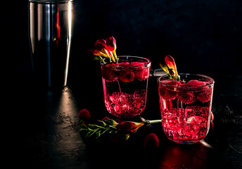 Raspberry alcoholic cocktail with liqueur, vodka, ice, and soda water on a dark background. Berry Mojito. Refreshing cool drink, copy space for text, low key.