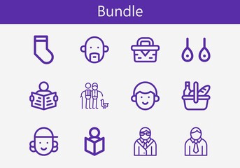 Fototapeta premium Premium set of bundle line icons. Simple bundle icon pack. Stroke vector illustration on a white background. Modern outline style icons collection of Earrings, Read, Picnic, Couple, Socks