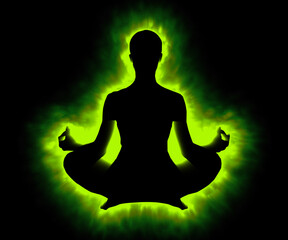 Meditating yoga figure with glowing green aura illustrating mindfulness and zen state of consciousness - 429917254