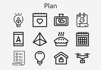 Premium set of plan [S] icons. Simple plan icon pack. Stroke vector illustration on a white background. Modern outline style icons collection of Pyramid, Idea, Calendar, List, Drone, Gps
