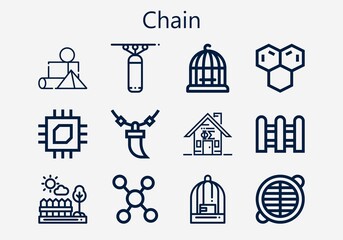 Premium set of chain [S] icons. Simple chain icon pack. Stroke vector illustration on a white background. Modern outline style icons collection of Molecule, Necklace, Blocks, Punching bag, Fences
