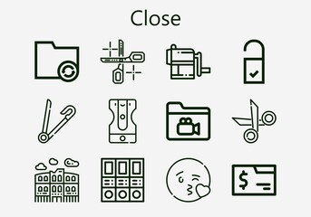 Premium set of close [S] icons. Simple close icon pack. Stroke vector illustration on a white background. Modern outline style icons collection of Safety pin, Doorknob, Scissors, Sharpener, Folders