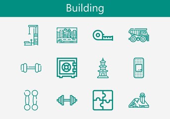 Premium set of building line icons. Simple building icon pack. Stroke vector illustration on a white background. Modern outline style icons collection of Puzzle, Measuring tape, Dumbbell, Buildings