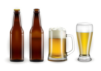 Beer bottles, mug and glass