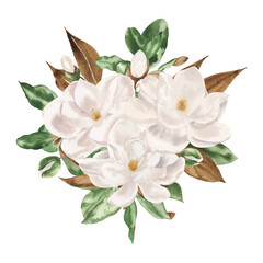 Watercolor floral illustration - А bouquet of white magnolia. Perfect for creating cards, invitations, wedding design.