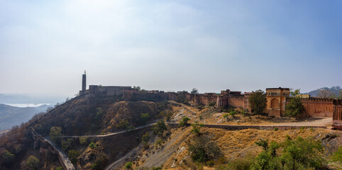 Fototapeta na wymiar Panoramic of beautiful Jaigarh Fort stands on the edge of the Aravalli Hills at Jaipur in the Indian state of Rajasthan, India.