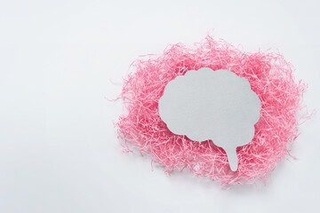 Paper composition with brain paper outline on pink paper cloud. Photo with copy blank space