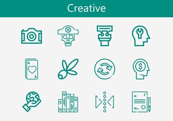 Premium set of creative line icons. Simple creative icon pack. Stroke vector illustration on a white background. Modern outline style icons collection of Olive, Ace