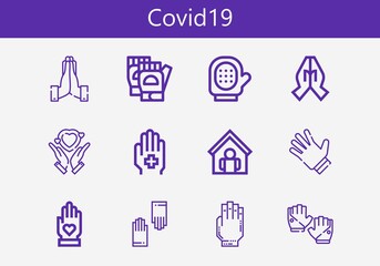 Premium set of covid19 line icons. Simple covid19 icon pack. Stroke vector illustration on a white background. Modern outline style icons collection of Hands, Glove, Gloves, Hand, Home