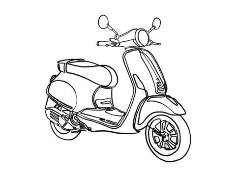 Scooter for travel. Motobike. continuous line vector drawing. Isolated on a white background.