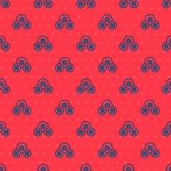 Blue line Chemical formula for water drops H2O shaped icon isolated seamless pattern on red background. Vector