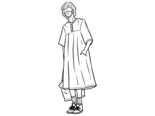 A woman standing with a bag with her hand in her pocket. Wear a mask. New normal. Human character on white background. Hand drawn style vector design illustrations.