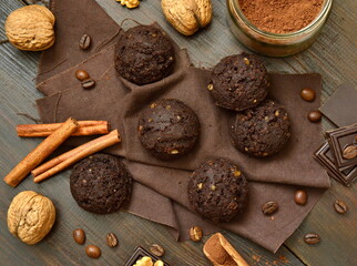 Chocolate rye biscuits with walnuts, top view