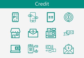 Premium set of credit line icons. Simple credit icon pack. Stroke vector illustration on a white background. Modern outline style icons collection of Shop, Invoice, Online store