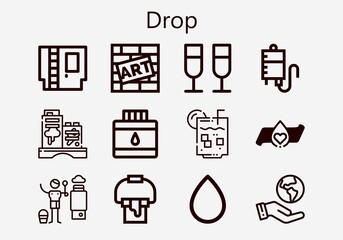 Premium set of drop [S] icons. Simple drop icon pack. Stroke vector illustration on a white background. Modern outline style icons collection of Cartridge, Paint bucket, Ecologism, Graffiti