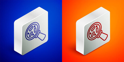Isometric line Microorganisms under magnifier icon isolated on blue and orange background. Bacteria and germs, cell cancer, microbe, virus, fungi. Silver square button. Vector