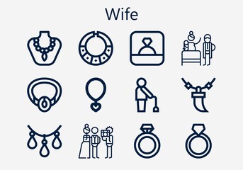 Premium set of wife [S] icons. Simple wife icon pack. Stroke vector illustration on a white background. Modern outline style icons collection of Necklace, Ring, Old man, Newlyweds, Birth