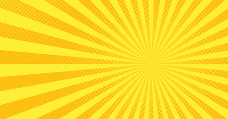 Pop art background. Comic cartoon texture with halftone and sunburst. Yellow starburst pattern. Retro effect with dots. Vintage sunshine banner. Superhero wow backdrop. Vector illustration.